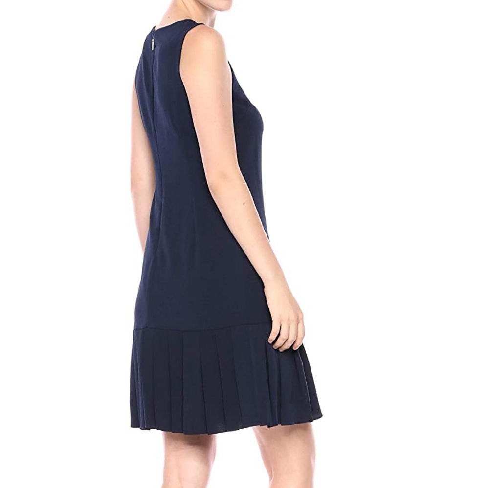 karl lagerfeld navy blue dress KARL LAGERFELD PARIS Scuba Crepe Crew Neck Chiffon Long Sleeve Pearl Cuff Sheath Dress